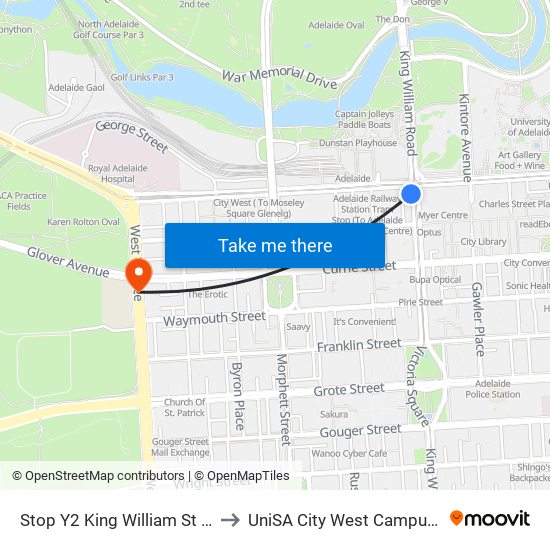 Stop Y2 King William St - West side to UniSA City West Campus ~ RR 5-09 map