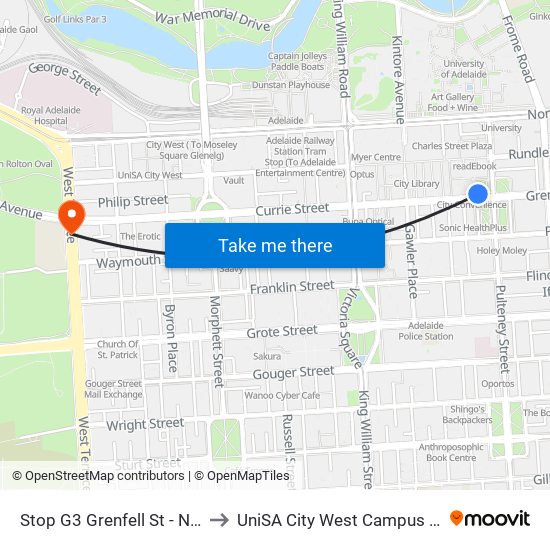 Stop G3 Grenfell St - North side to UniSA City West Campus ~ RR 5-09 map