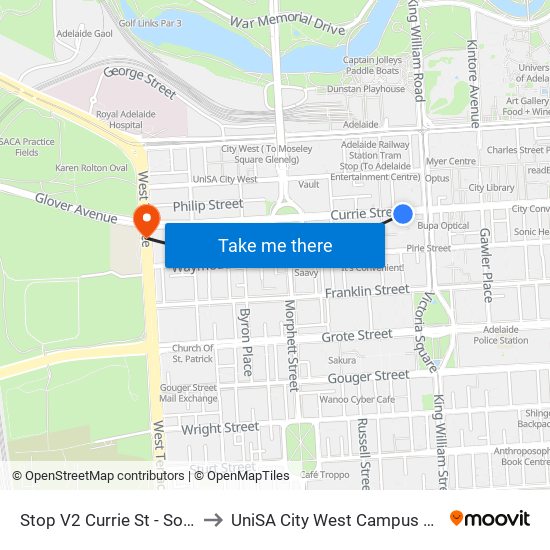 Stop V2 Currie St - South side to UniSA City West Campus ~ RR 5-09 map