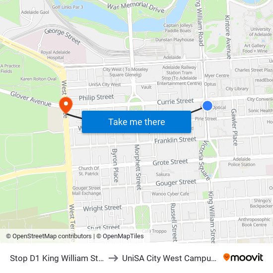 Stop D1 King William St - East side to UniSA City West Campus ~ RR 5-09 map