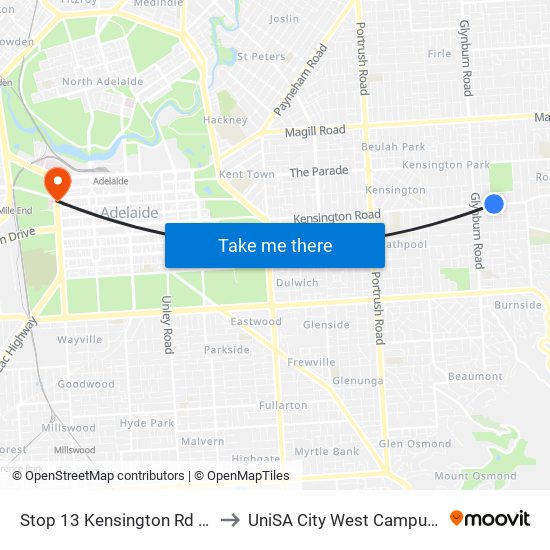 Stop 13 Kensington Rd - North side to UniSA City West Campus ~ RR 5-09 map