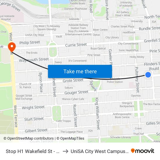 Stop H1 Wakefield St - North side to UniSA City West Campus ~ RR 5-09 map