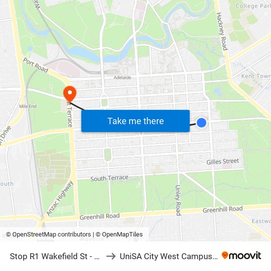 Stop R1 Wakefield St - South side to UniSA City West Campus ~ RR 5-09 map