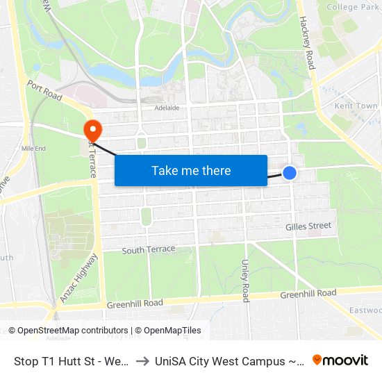 Stop T1 Hutt St - West side to UniSA City West Campus ~ RR 5-09 map