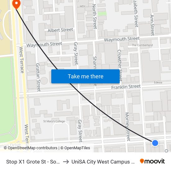 Stop X1 Grote St - South side to UniSA City West Campus ~ RR 5-09 map