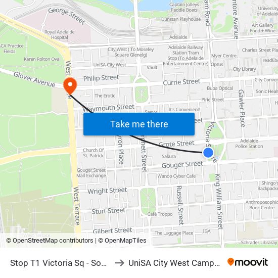 Stop T1 Victoria Sq - South West side to UniSA City West Campus ~ RR 5-09 map