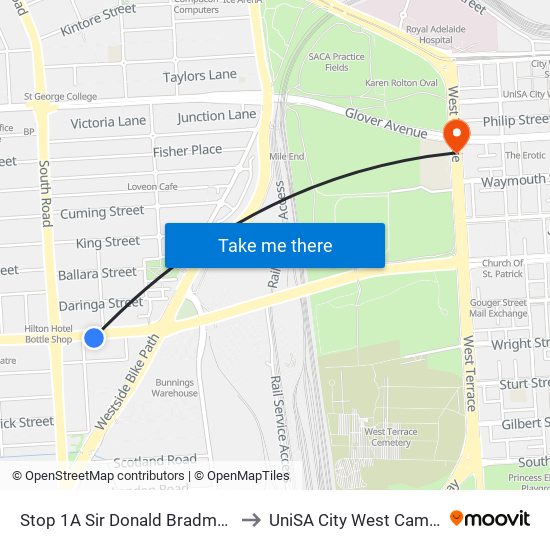 Stop 1A Sir Donald Bradman Dr - South side to UniSA City West Campus ~ RR 5-09 map