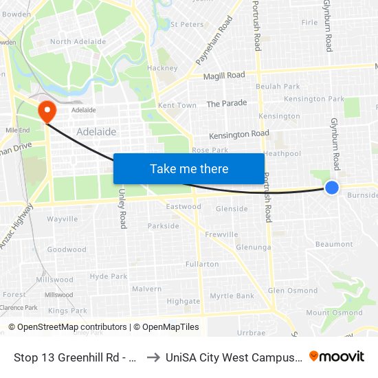 Stop 13 Greenhill Rd - South side to UniSA City West Campus ~ RR 5-09 map