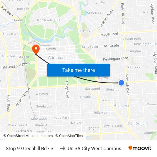 Stop 9 Greenhill Rd - South side to UniSA City West Campus ~ RR 5-09 map