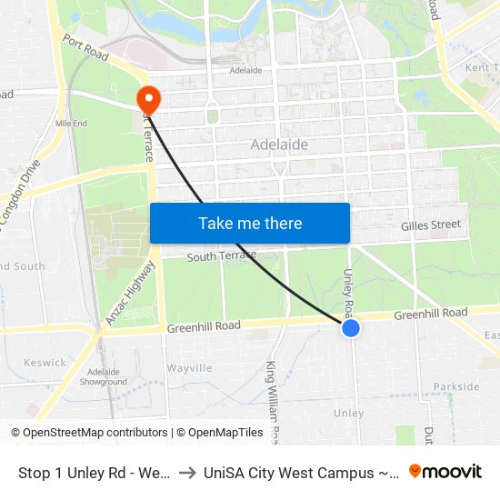 Stop 1 Unley Rd - West side to UniSA City West Campus ~ RR 5-09 map