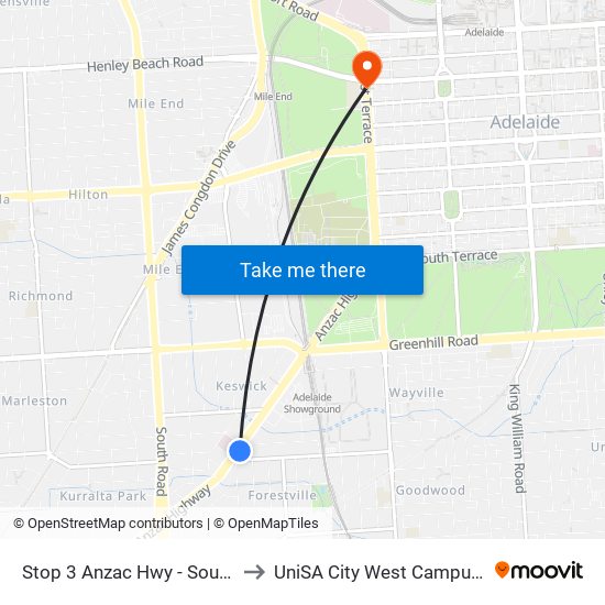 Stop 3 Anzac Hwy - South East side to UniSA City West Campus ~ RR 5-09 map