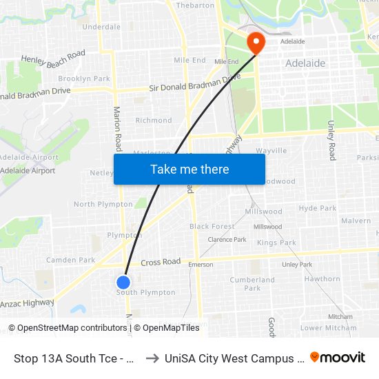 Stop 13A South Tce - North side to UniSA City West Campus ~ RR 5-09 map