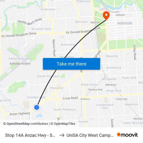 Stop 14A Anzac Hwy - South East side to UniSA City West Campus ~ RR 5-09 map