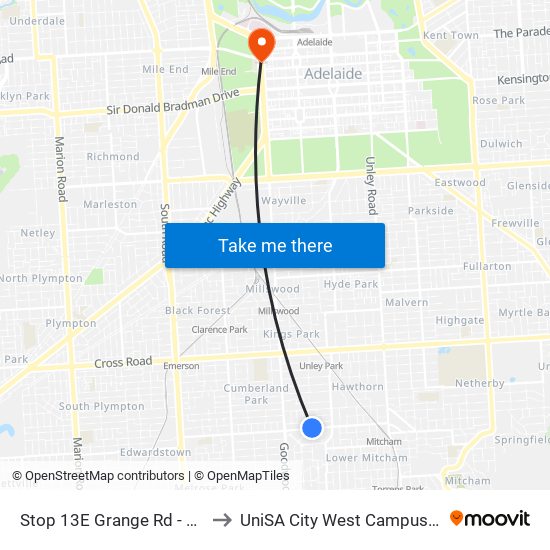 Stop 13E Grange Rd - North side to UniSA City West Campus ~ RR 5-09 map