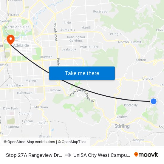Stop 27A Rangeview Dr - East side to UniSA City West Campus ~ RR 5-09 map