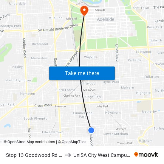 Stop 13 Goodwood Rd - West side to UniSA City West Campus ~ RR 5-09 map
