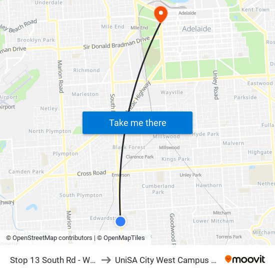 Stop 13 South Rd - West side to UniSA City West Campus ~ RR 5-09 map