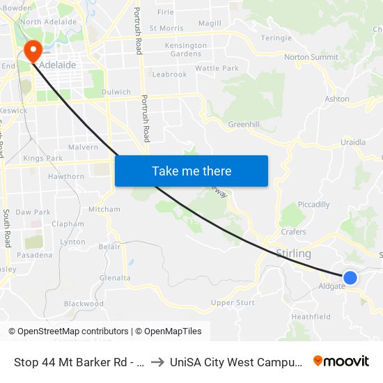 Stop 44 Mt Barker Rd - North side to UniSA City West Campus ~ RR 5-09 map