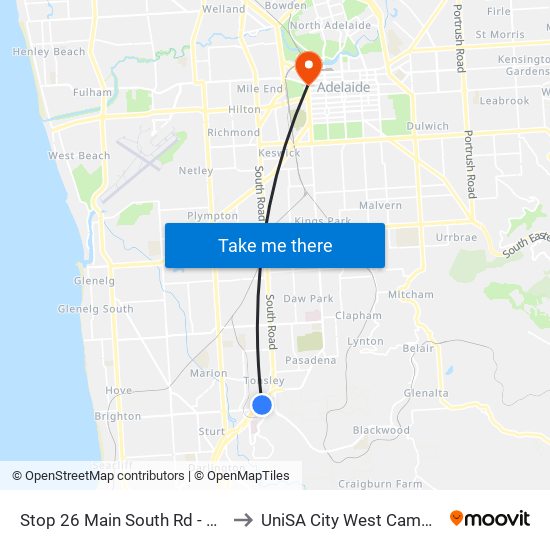 Stop 26 Main South Rd - South East side to UniSA City West Campus ~ RR 5-09 map