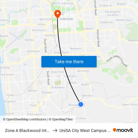 Zone A Blackwood Interchange to UniSA City West Campus ~ RR 5-09 map