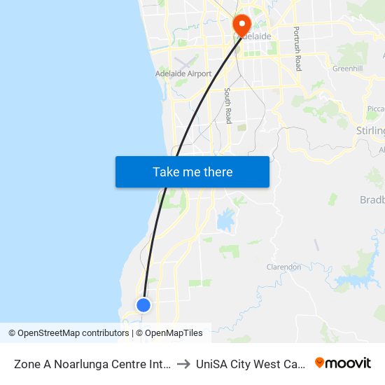 Zone A Noarlunga Centre Interchange - West side to UniSA City West Campus ~ RR 5-09 map