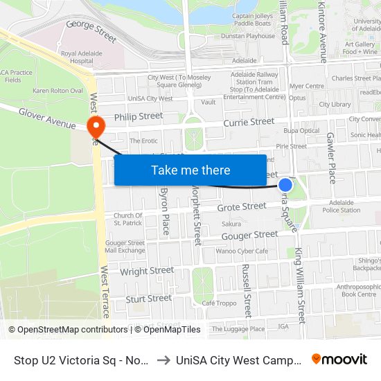 Stop U2 Victoria Sq - North West side to UniSA City West Campus ~ RR 5-09 map