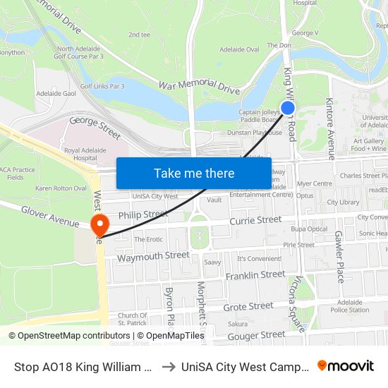 Stop AO18 King William Rd - West side to UniSA City West Campus ~ RR 5-09 map