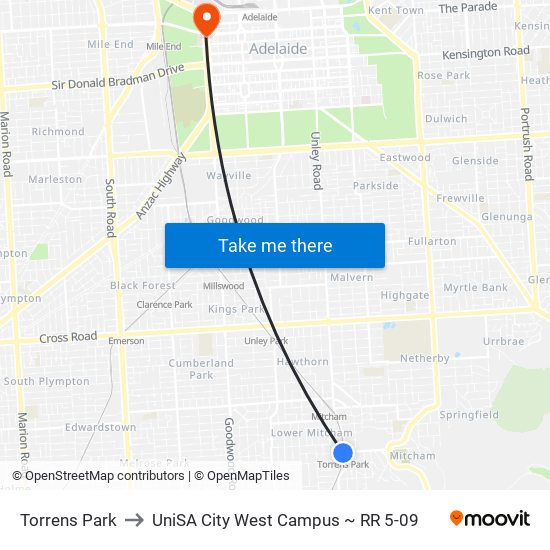 Torrens Park to UniSA City West Campus ~ RR 5-09 map
