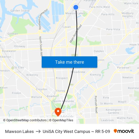 Mawson Lakes to UniSA City West Campus ~ RR 5-09 map