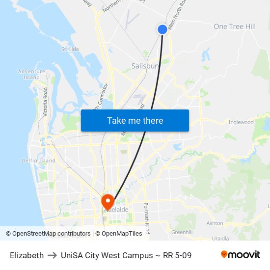 Elizabeth to UniSA City West Campus ~ RR 5-09 map