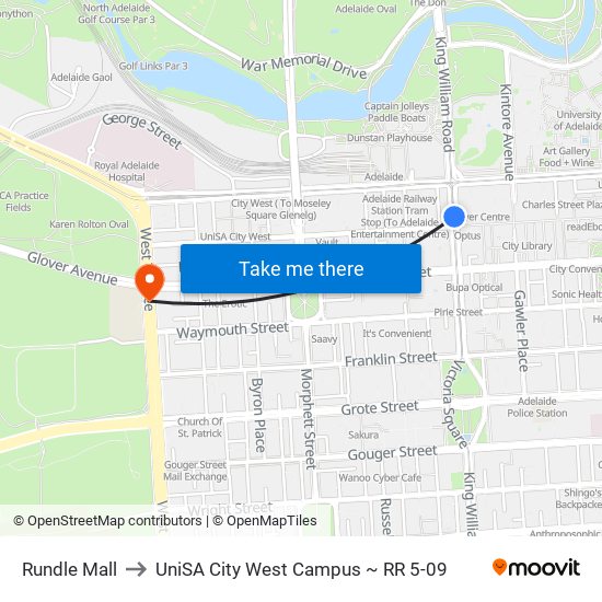 Rundle Mall to UniSA City West Campus ~ RR 5-09 map