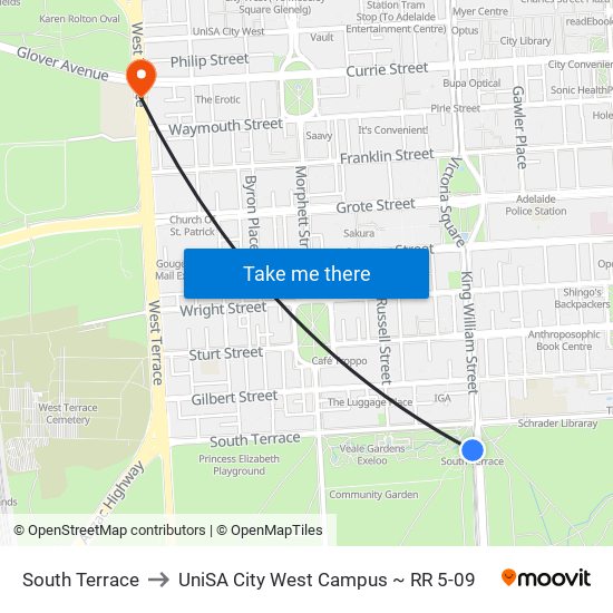 South Terrace to UniSA City West Campus ~ RR 5-09 map