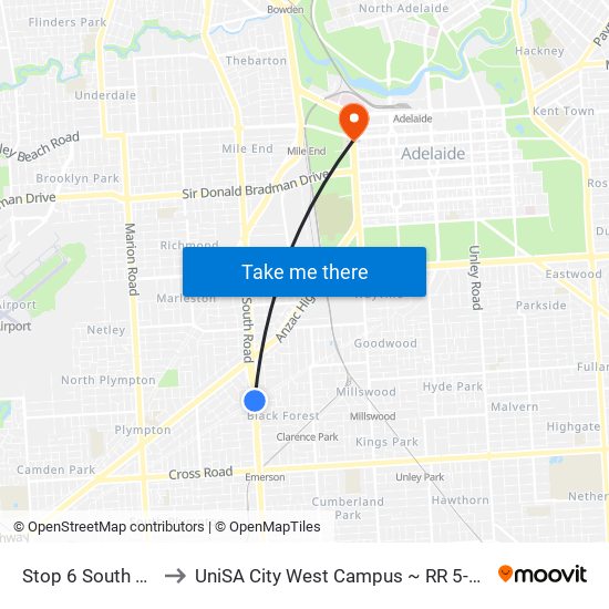 Stop 6 South Rd to UniSA City West Campus ~ RR 5-09 map