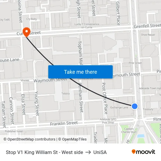 Stop V1 King William St - West side to UniSA map