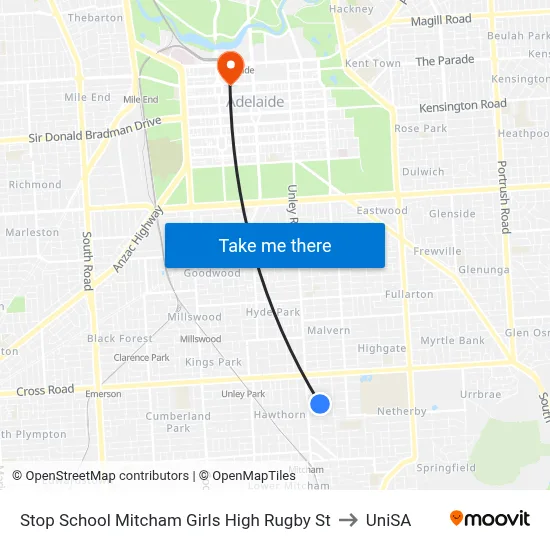 Stop School Mitcham Girls High Rugby St to UniSA map