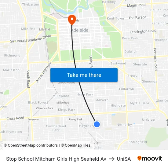Stop School Mitcham Girls High Seafield Av to UniSA map