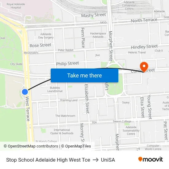 Stop School Adelaide High West Tce to UniSA map