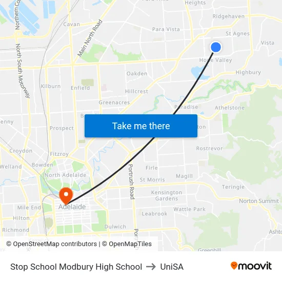 Stop School Modbury High School to UniSA map