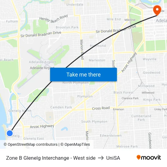 Zone B Glenelg Interchange - West side to UniSA map