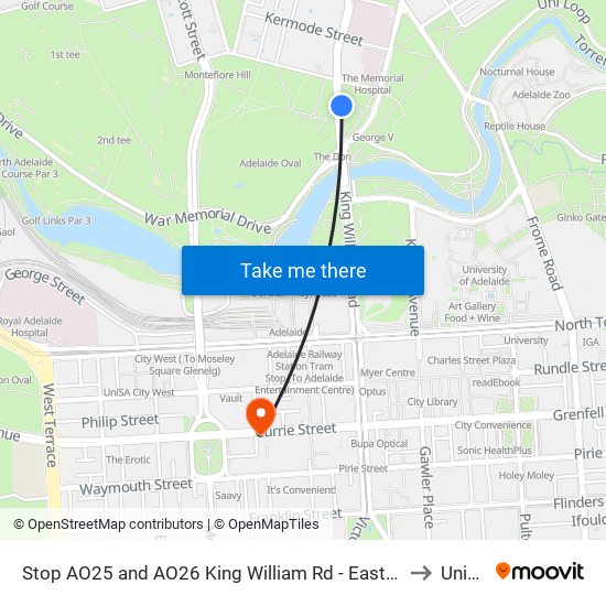 Stop AO25 and AO26 King William Rd - East side to UniSA map