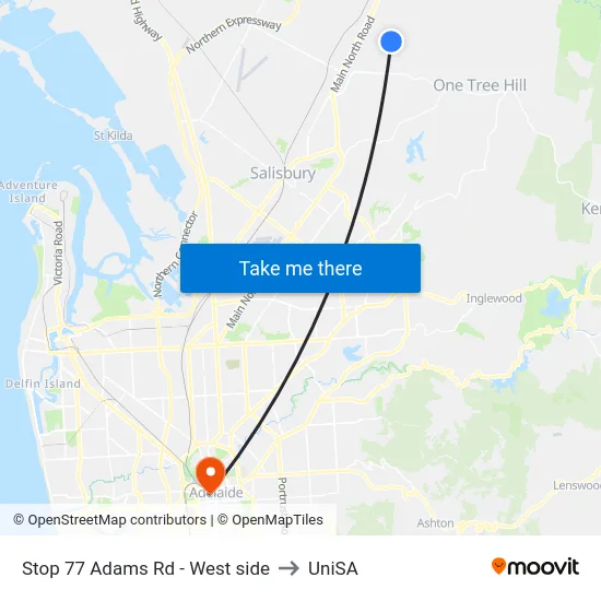 Stop 77 Adams Rd - West side to UniSA map