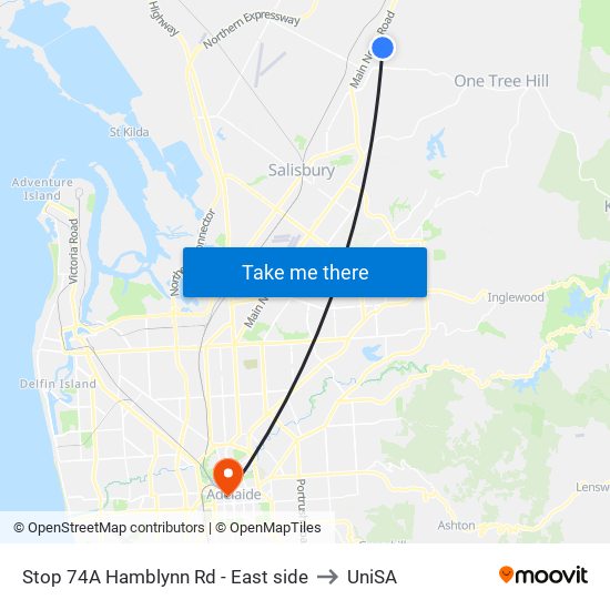Stop 74A Hamblynn Rd - East side to UniSA map