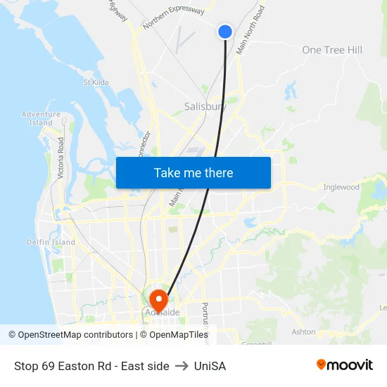 Stop 69 Easton Rd - East side to UniSA map