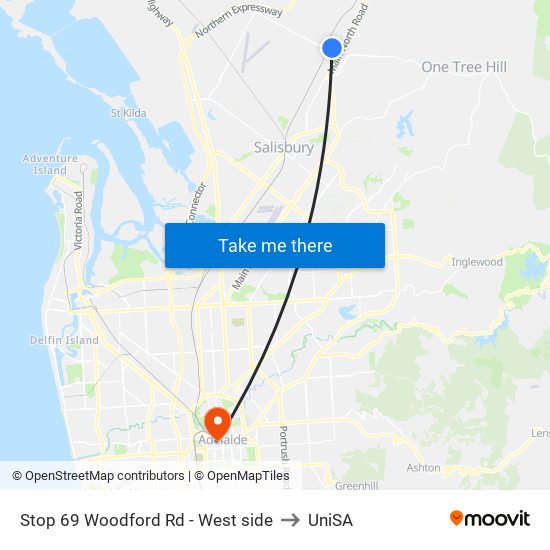 Stop 69 Woodford Rd - West side to UniSA map