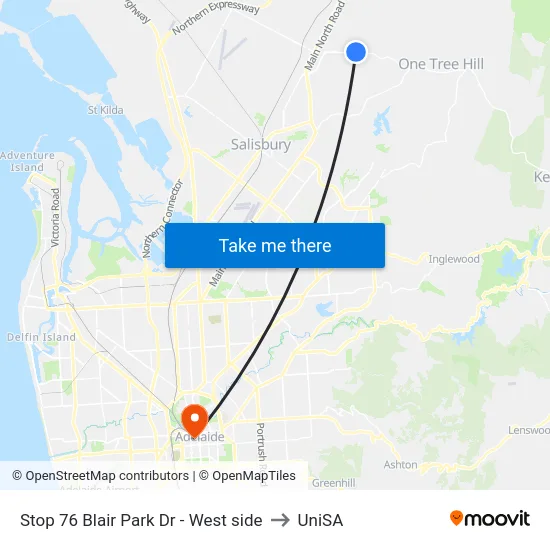Stop 76 Blair Park Dr - West side to UniSA map