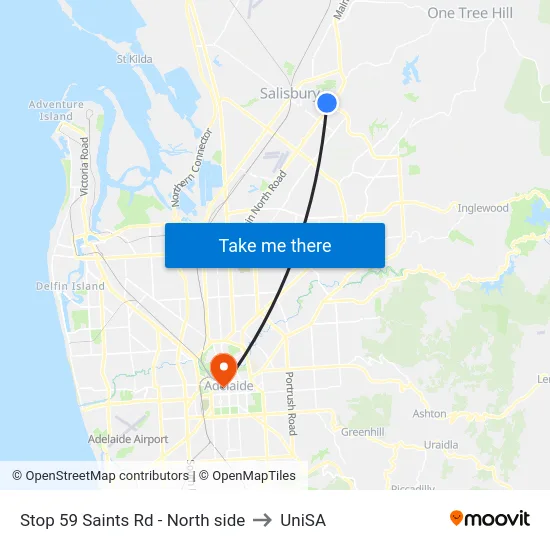 Stop 59 Saints Rd - North side to UniSA map