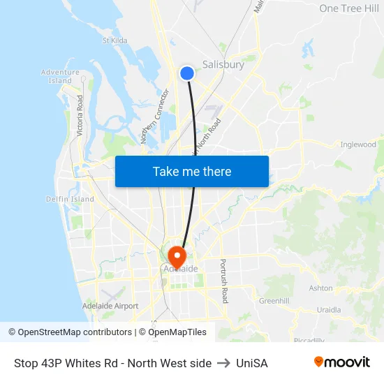 Stop 43P Whites Rd - North West side to UniSA map