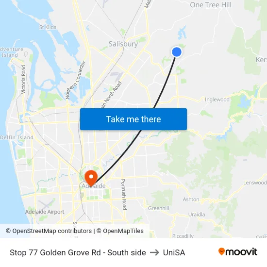 Stop 77 Golden Grove Rd - South side to UniSA map