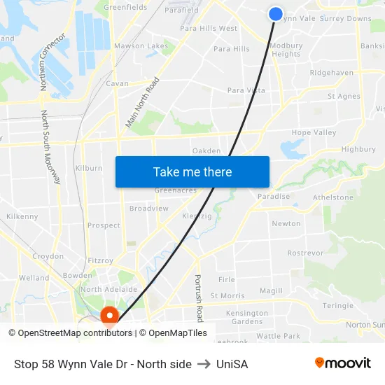 Stop 58 Wynn Vale Dr - North side to UniSA map