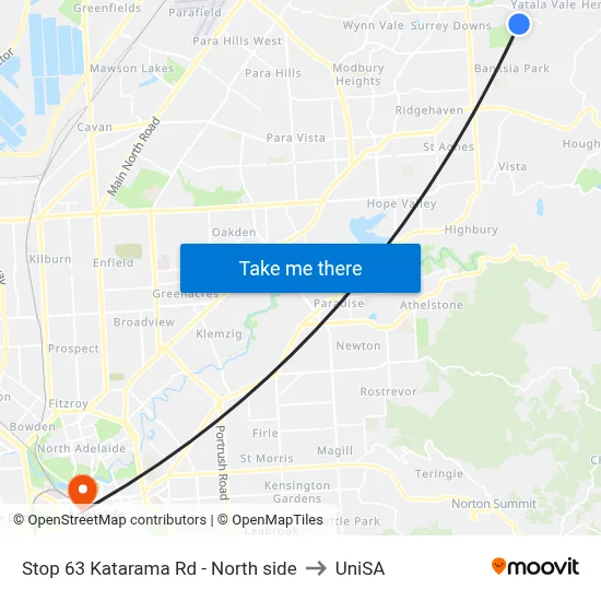 Stop 63 Katarama Rd - North side to UniSA map